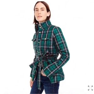 J. Crew Puffer Jacket Tartan Blue Green Plaid Belted